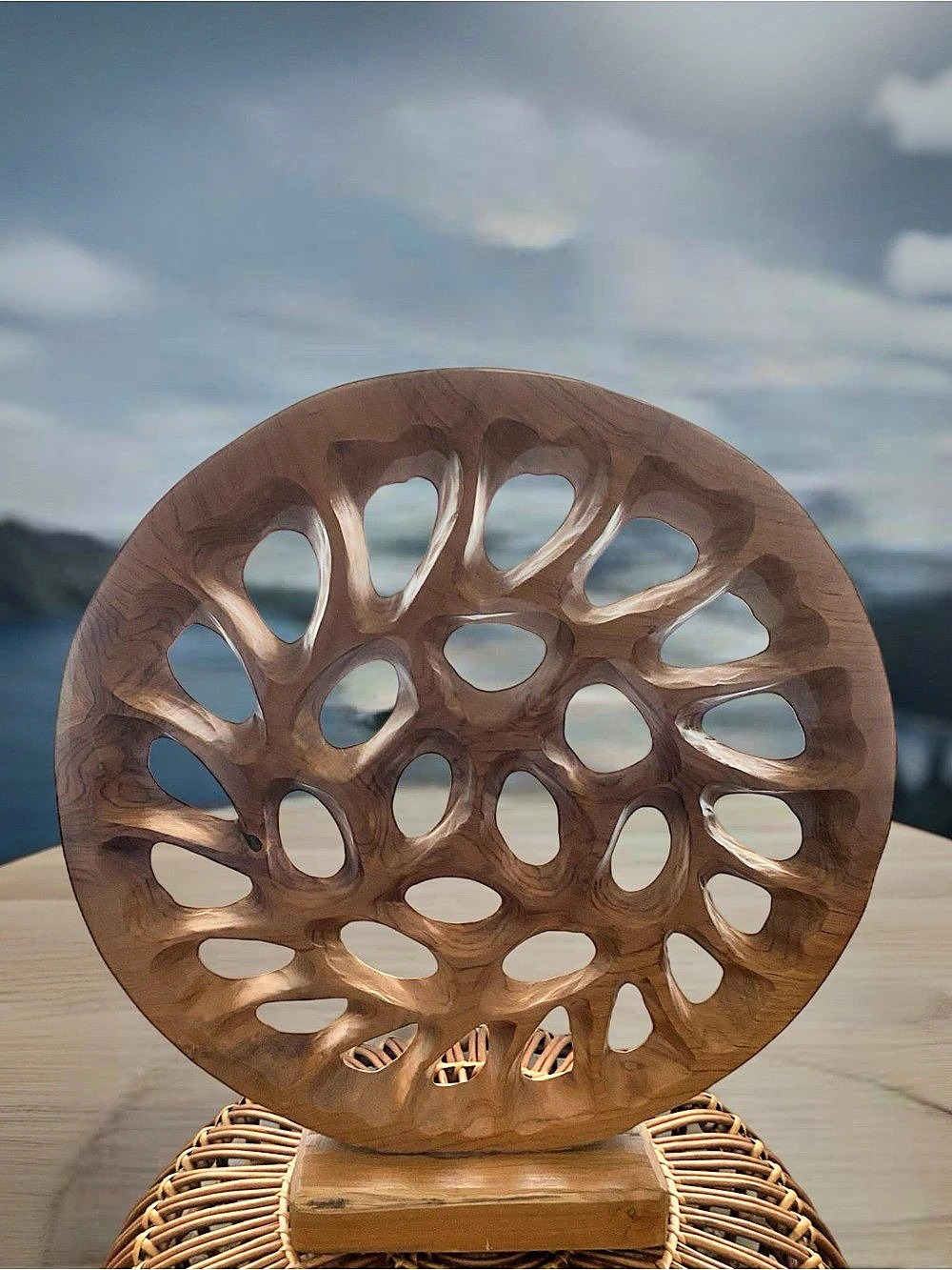 Handcrafted Brown Wood Sculptural Decor with Stand